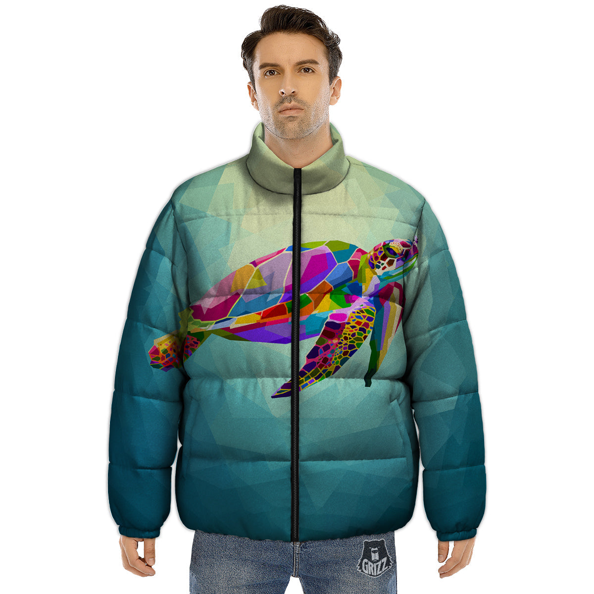 Sea Turtle Colorful Print Puffer Jacket-grizzshop