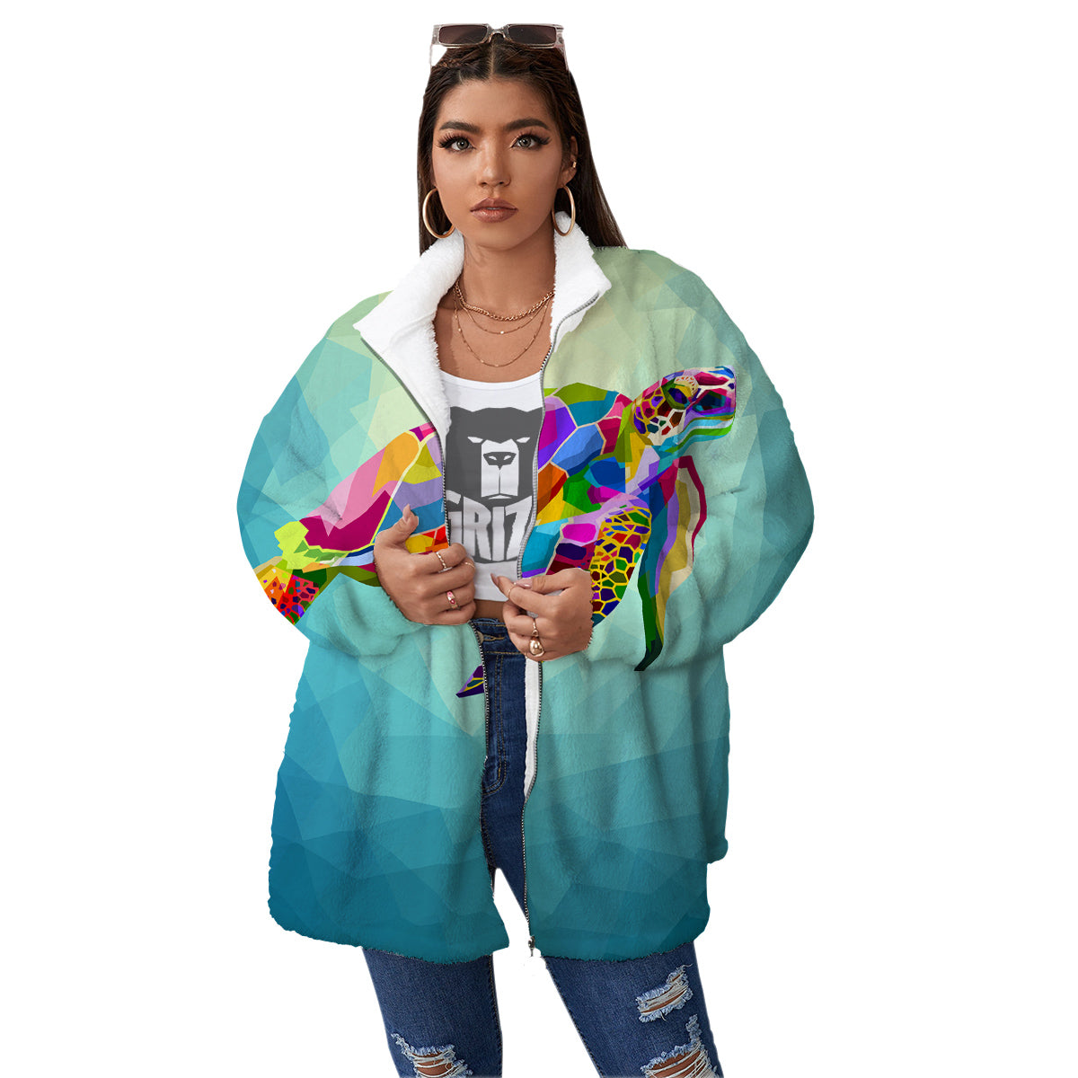 Sea Turtle Colorful Print Women's Sherpa Jacket-grizzshop