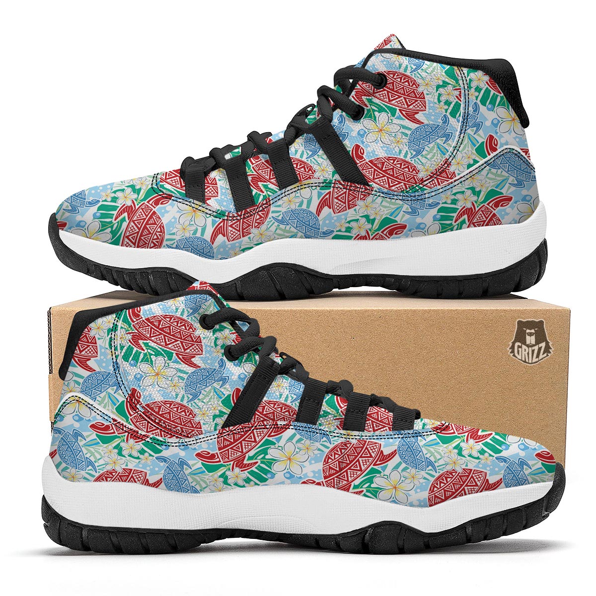 Sea Turtle Floral Hawaiian Pattern Print Black Bball Shoes-grizzshop