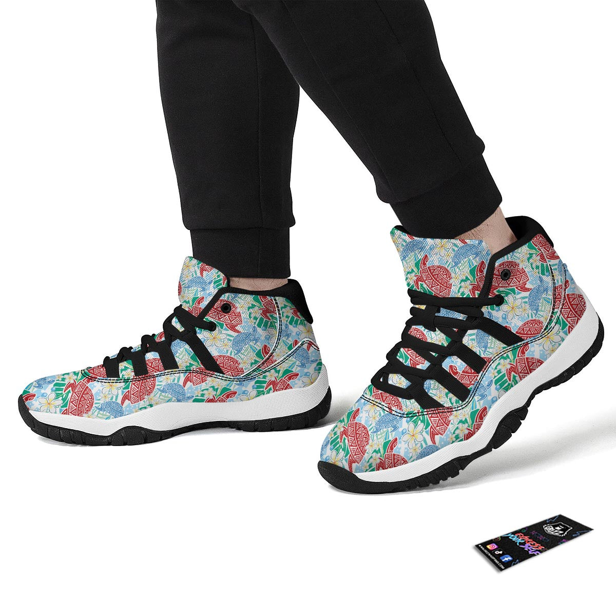 Sea Turtle Floral Hawaiian Pattern Print Black Bball Shoes-grizzshop