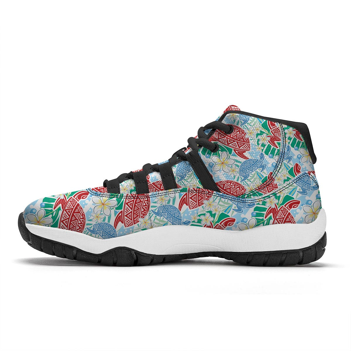 Sea Turtle Floral Hawaiian Pattern Print Black Bball Shoes-grizzshop