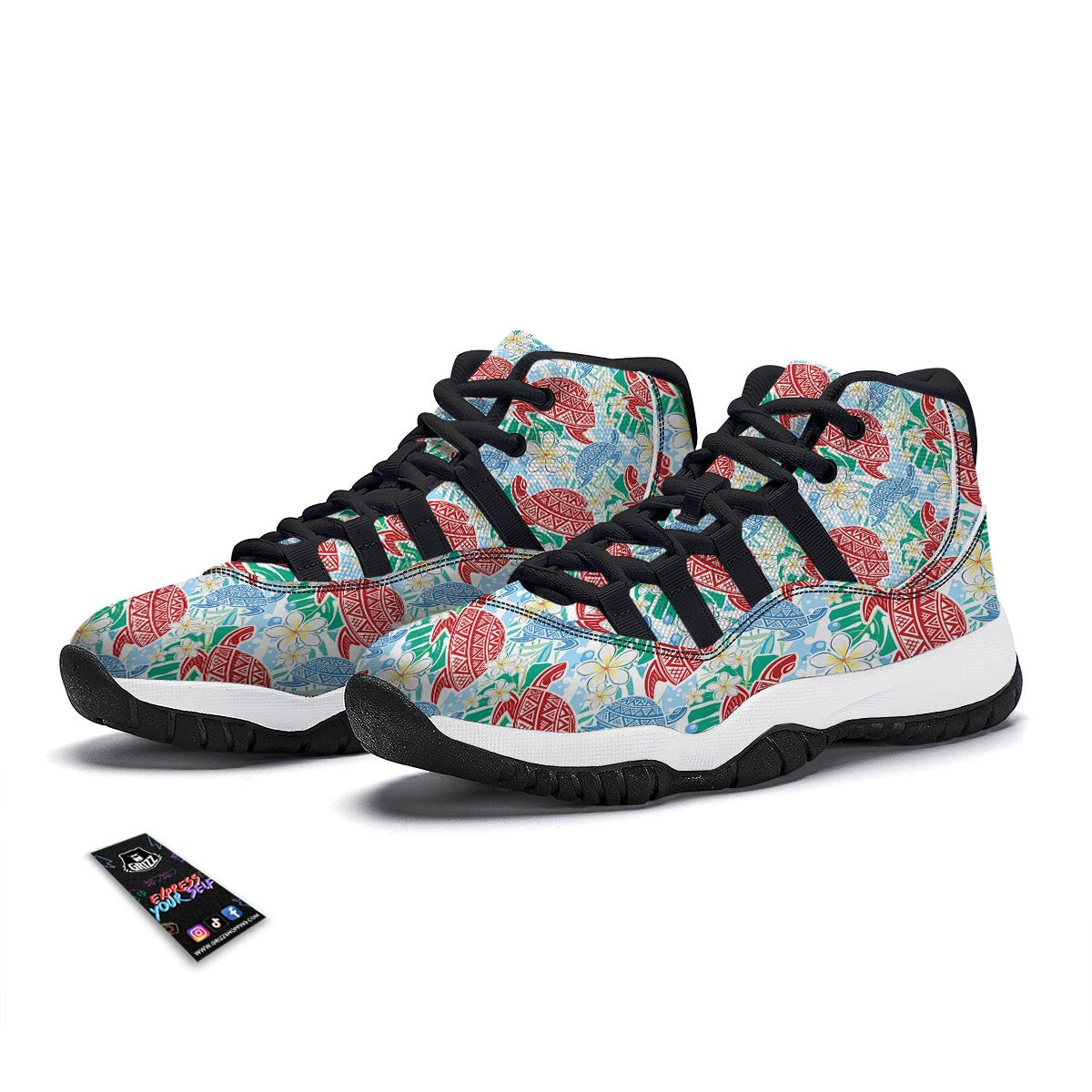 Sea Turtle Floral Hawaiian Pattern Print Black Bball Shoes-grizzshop