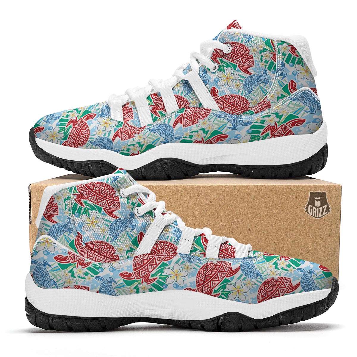 Sea Turtle Floral Hawaiian Pattern Print White Bball Shoes-grizzshop