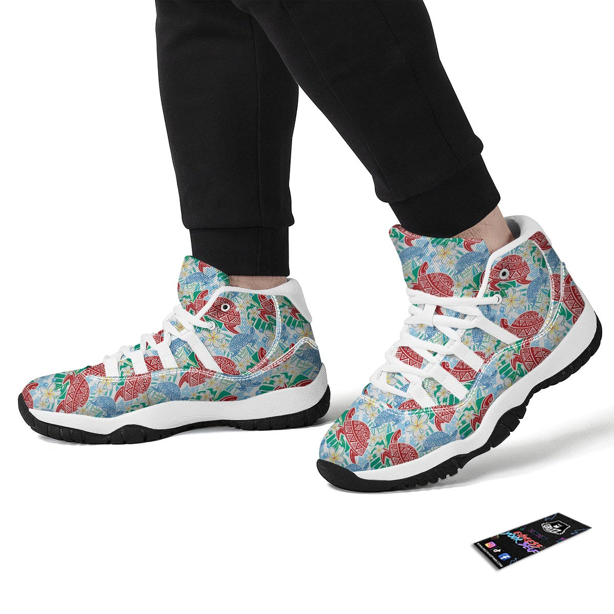 Sea Turtle Floral Hawaiian Pattern Print White Bball Shoes-grizzshop