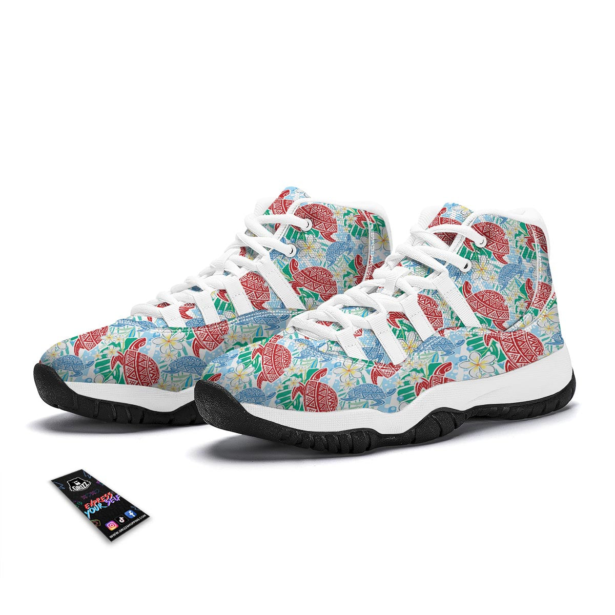 Sea Turtle Floral Hawaiian Pattern Print White Bball Shoes-grizzshop