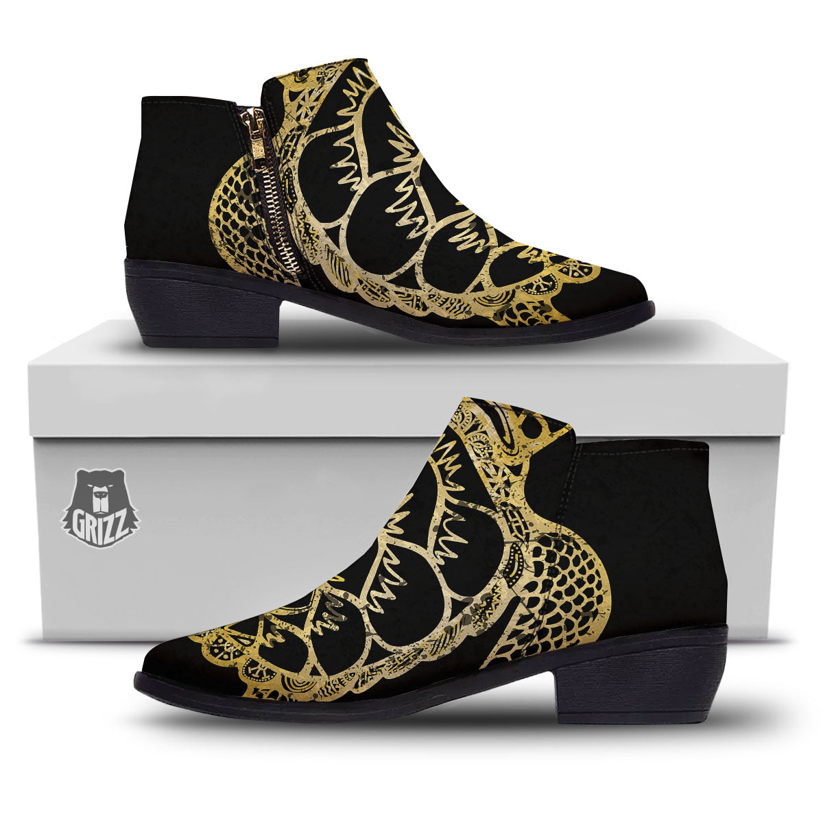 Sea Turtle Gold And Black Print Ankle Boots-grizzshop