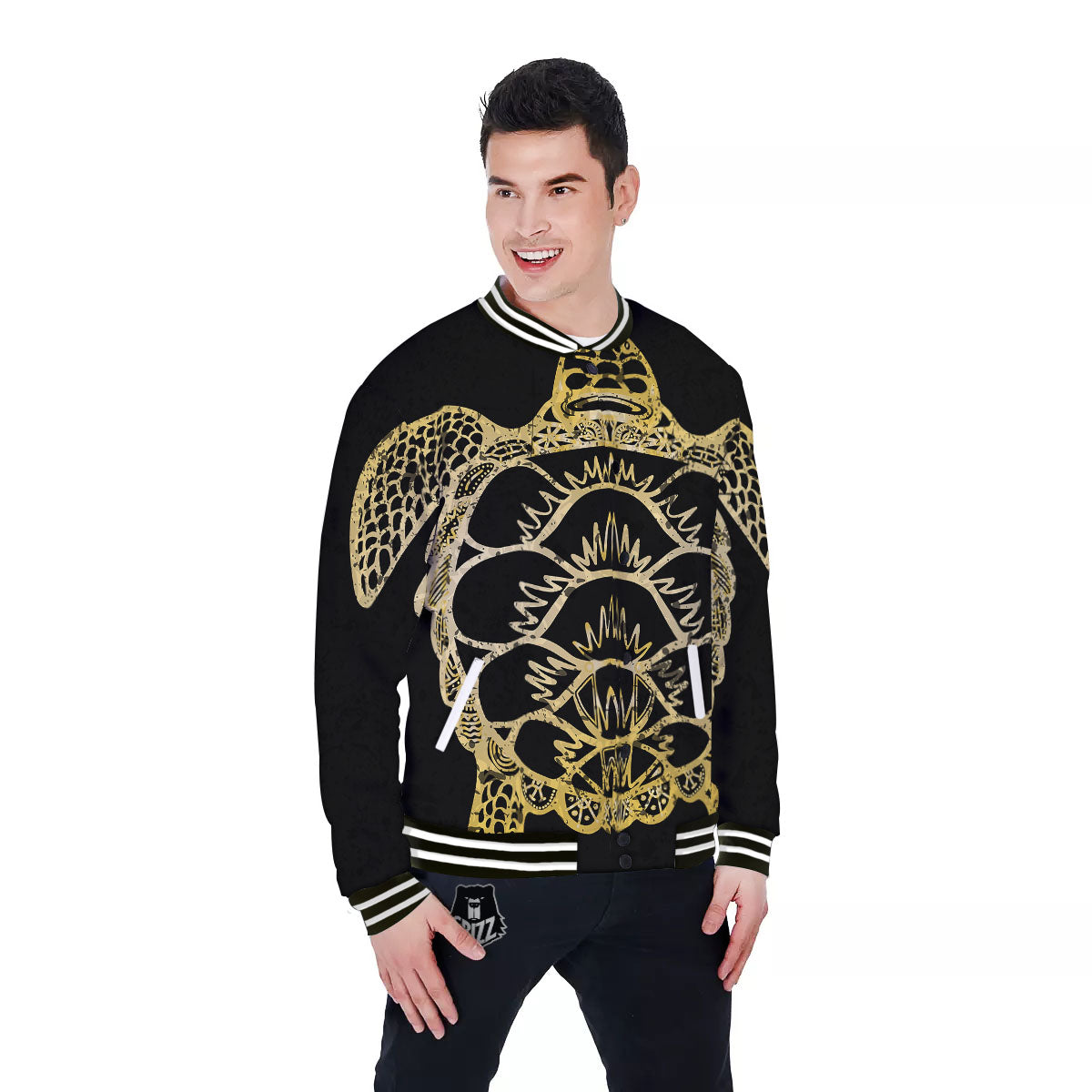 Sea Turtle Gold And Black Print Baseball Jacket-grizzshop