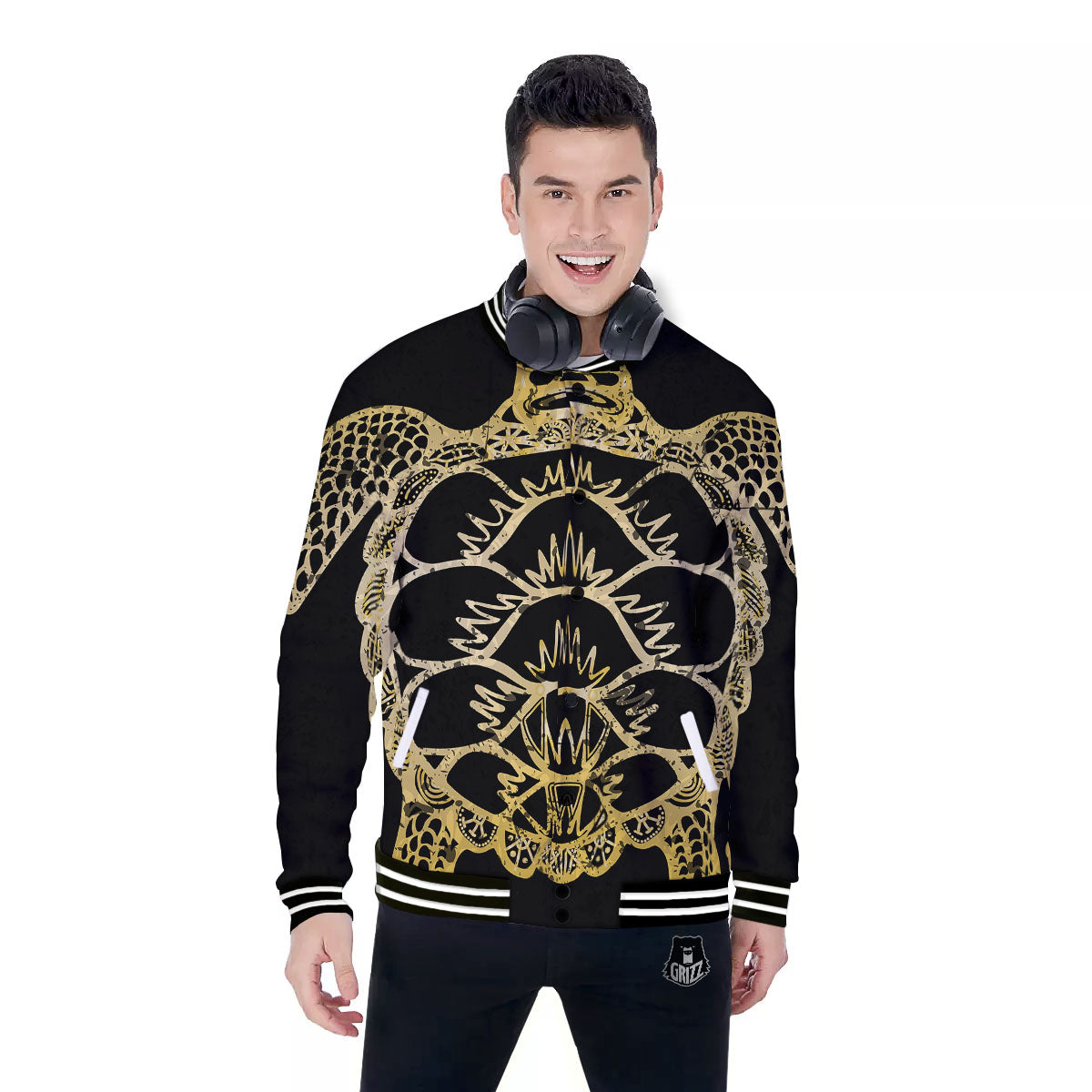 Sea Turtle Gold And Black Print Baseball Jacket-grizzshop