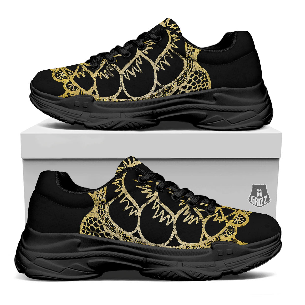 Sea Turtle Gold And Black Print Black Chunky Shoes-grizzshop