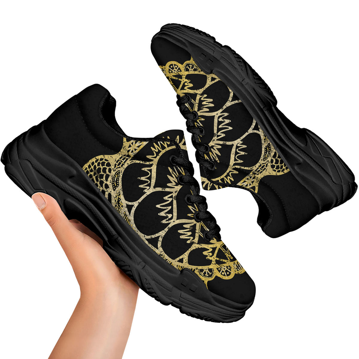 Sea Turtle Gold And Black Print Black Chunky Shoes-grizzshop