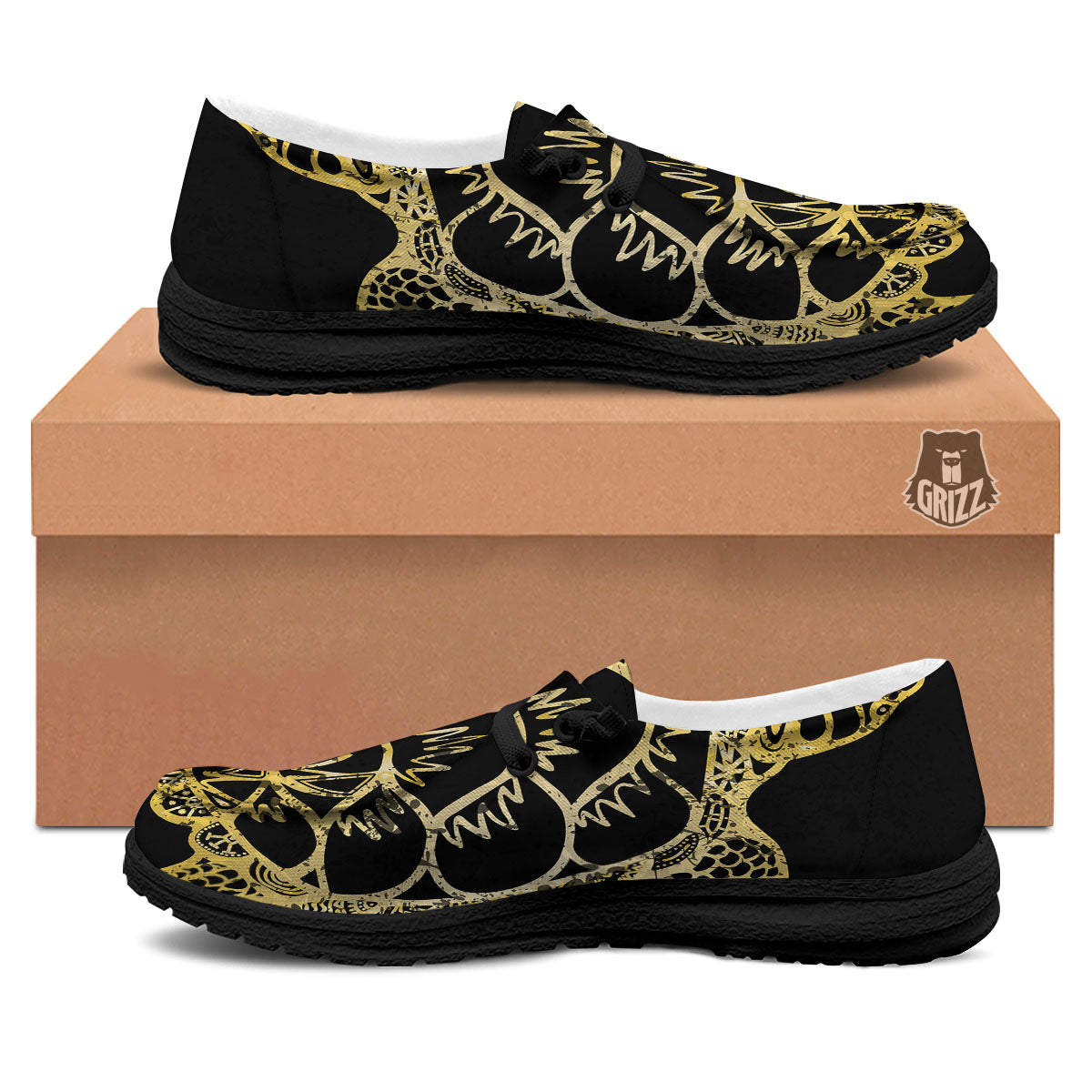 Sea Turtle Gold And Black Print Black Loafers-grizzshop