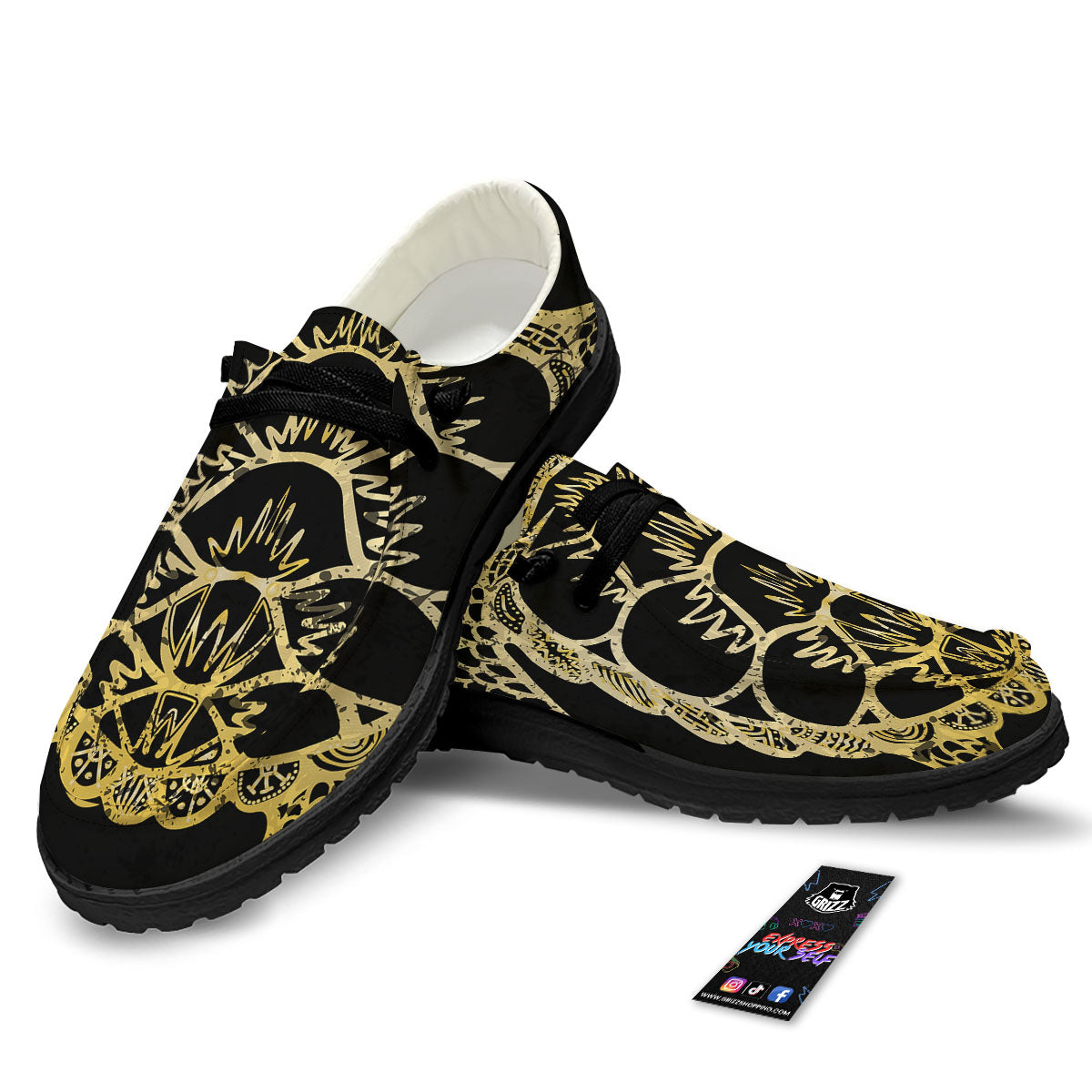 Sea Turtle Gold And Black Print Black Loafers-grizzshop