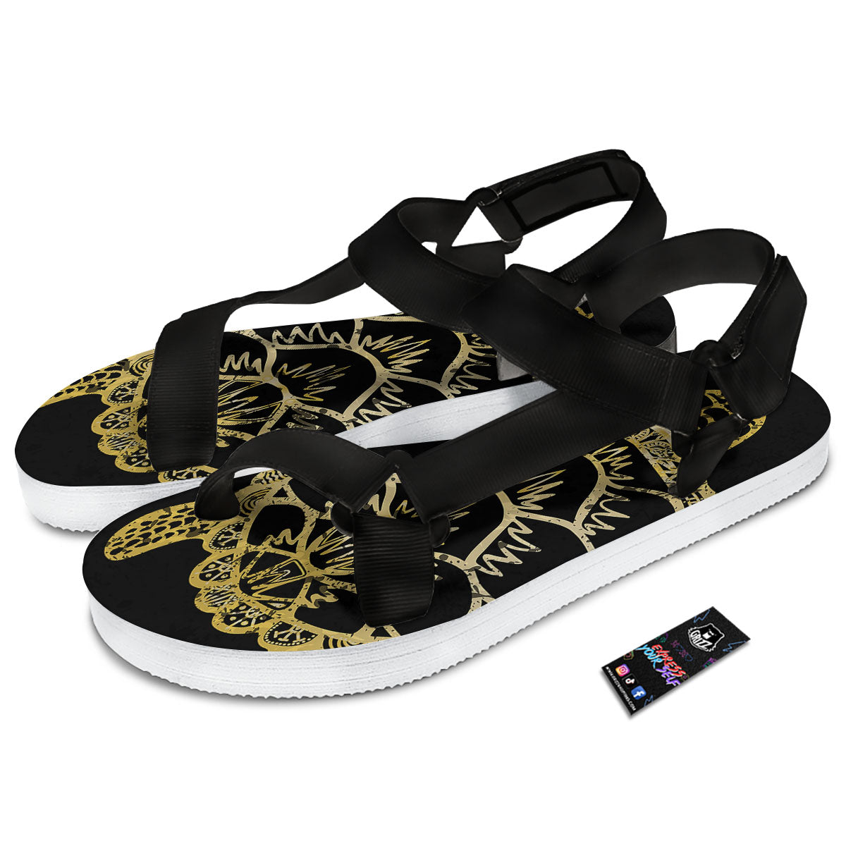 Sea Turtle Gold And Black Print Black Open Toe Sandals-grizzshop