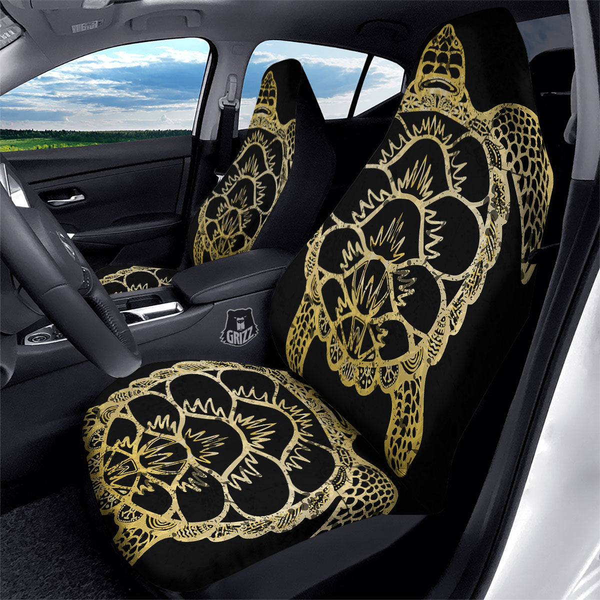 Sea Turtle Gold And Black Print Car Seat Covers-grizzshop