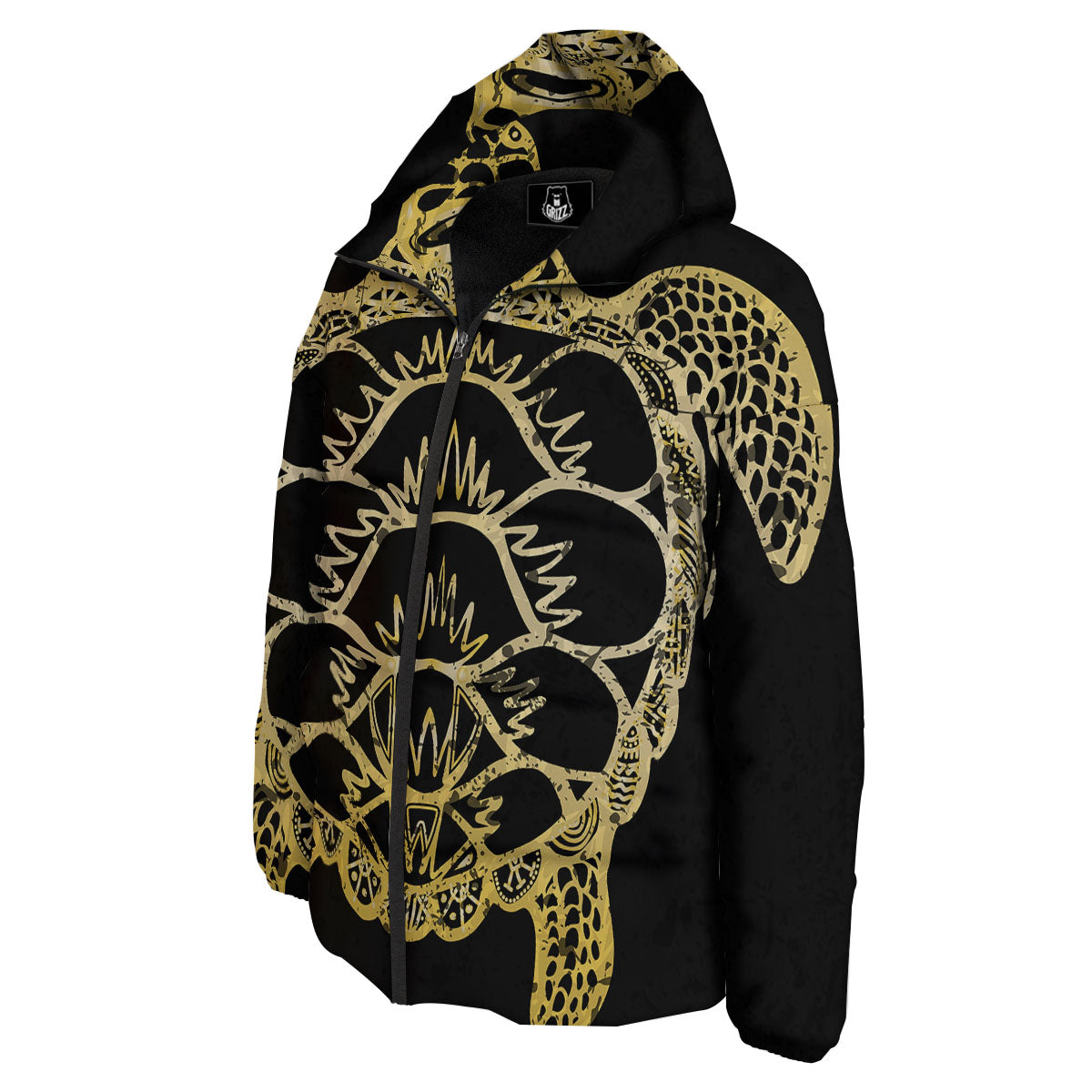 Sea Turtle Gold And Black Print Down Jacket-grizzshop