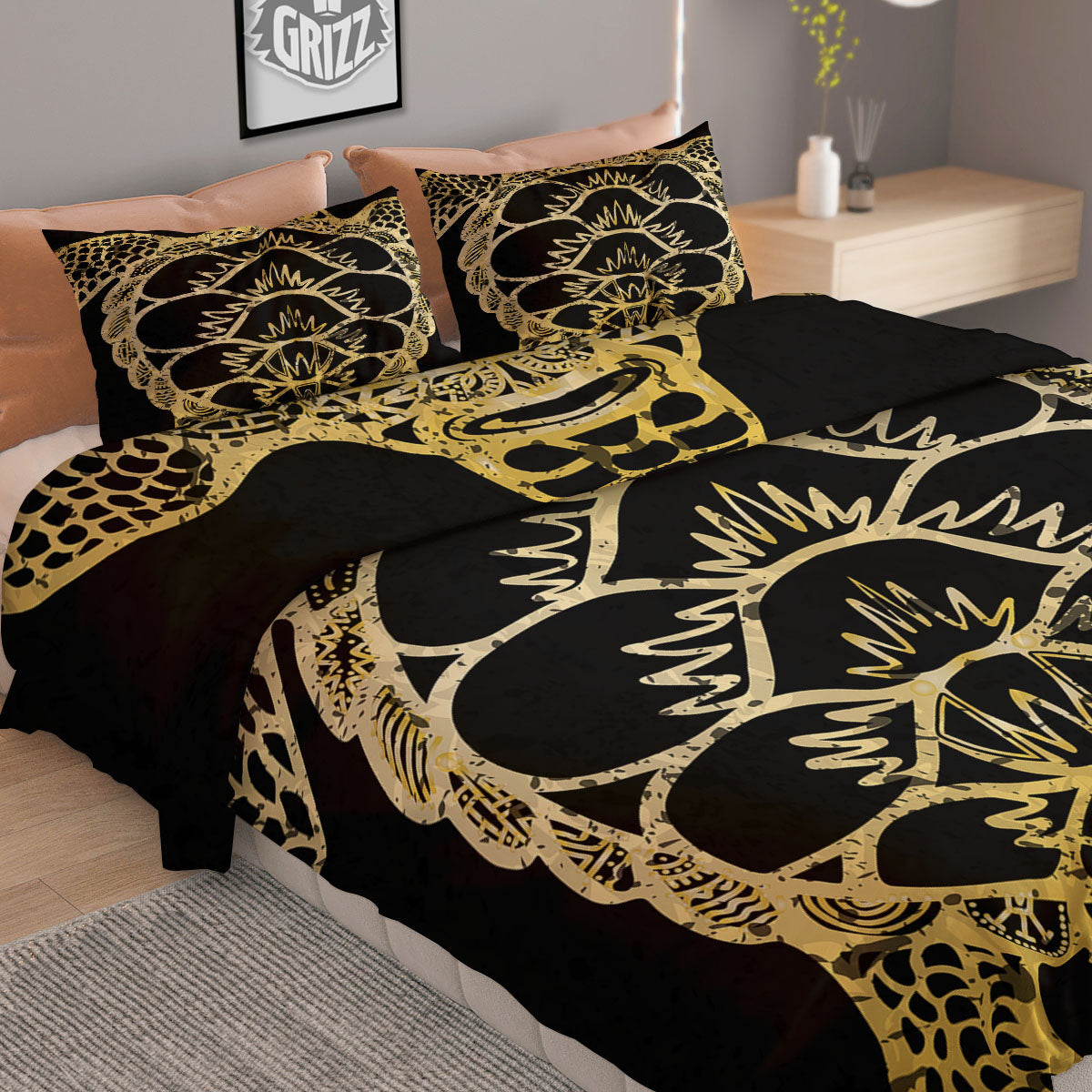 Sea Turtle Gold And Black Print Duvet Cover Bedding Set
