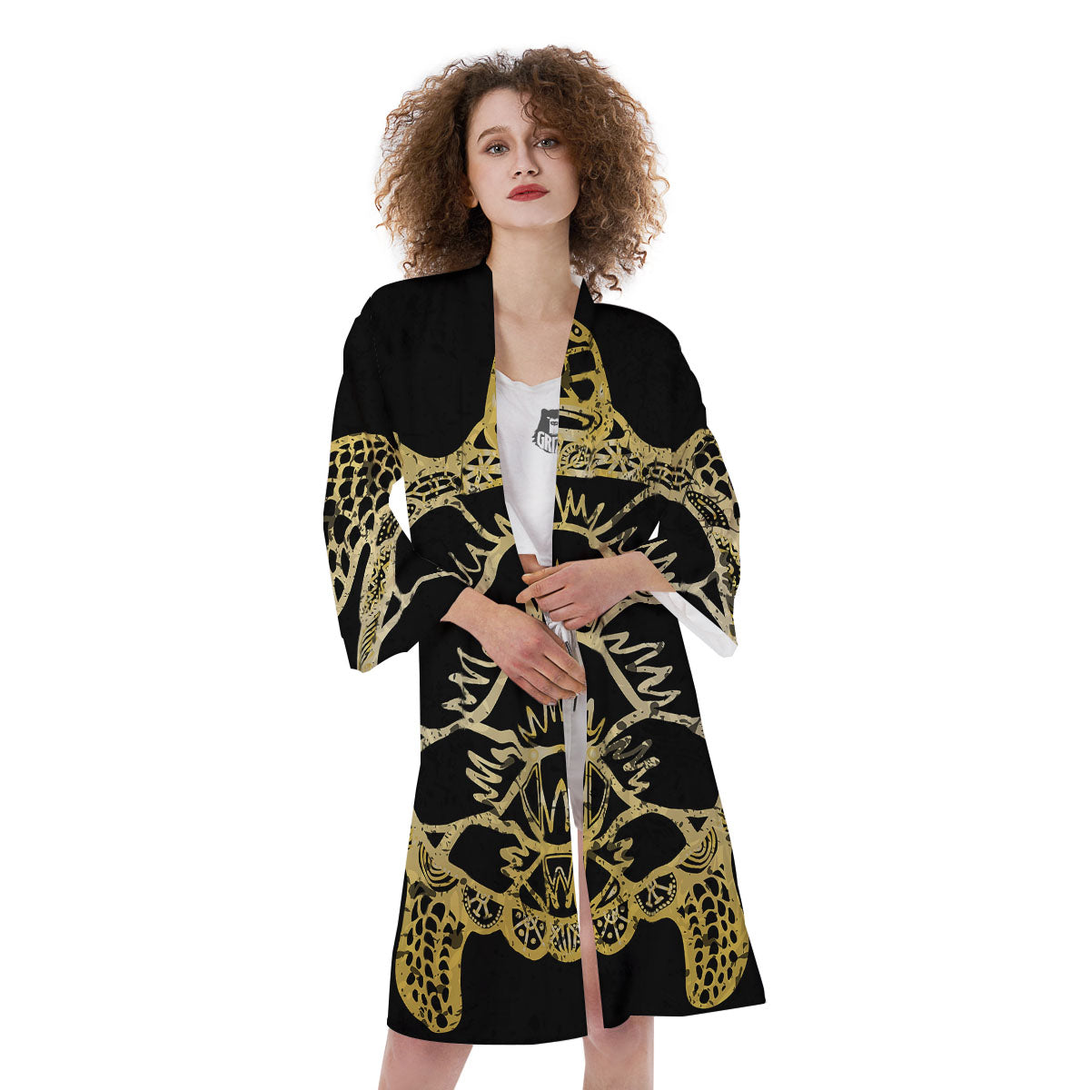 Sea Turtle Gold And Black Print Kimono-grizzshop