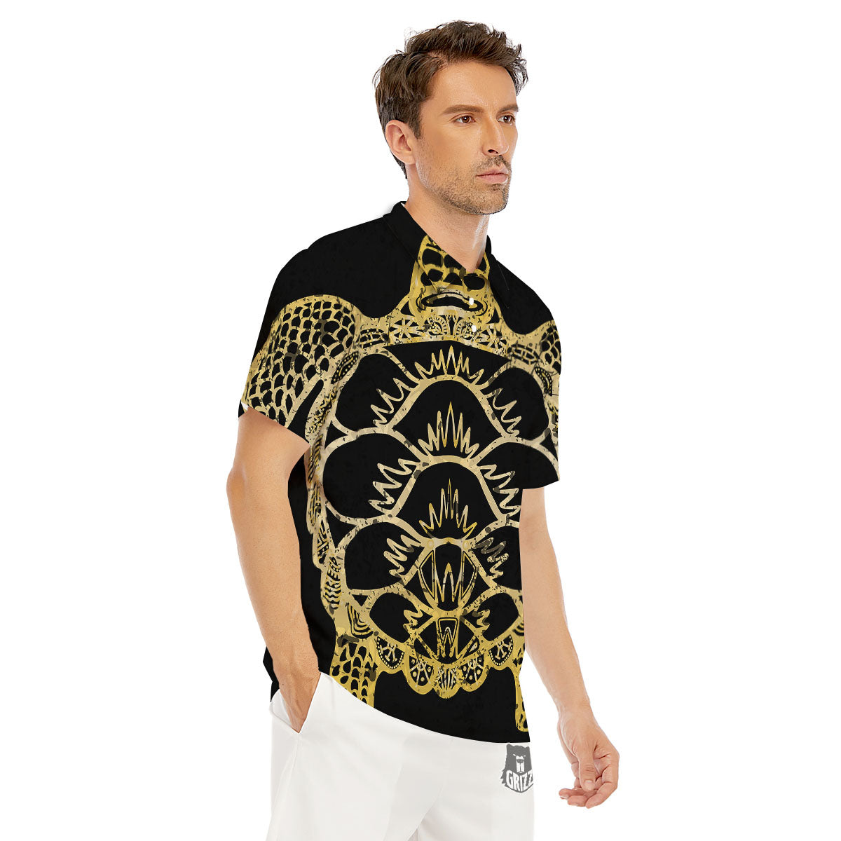 Sea Turtle Gold And Black Print Men's Golf Shirts-grizzshop