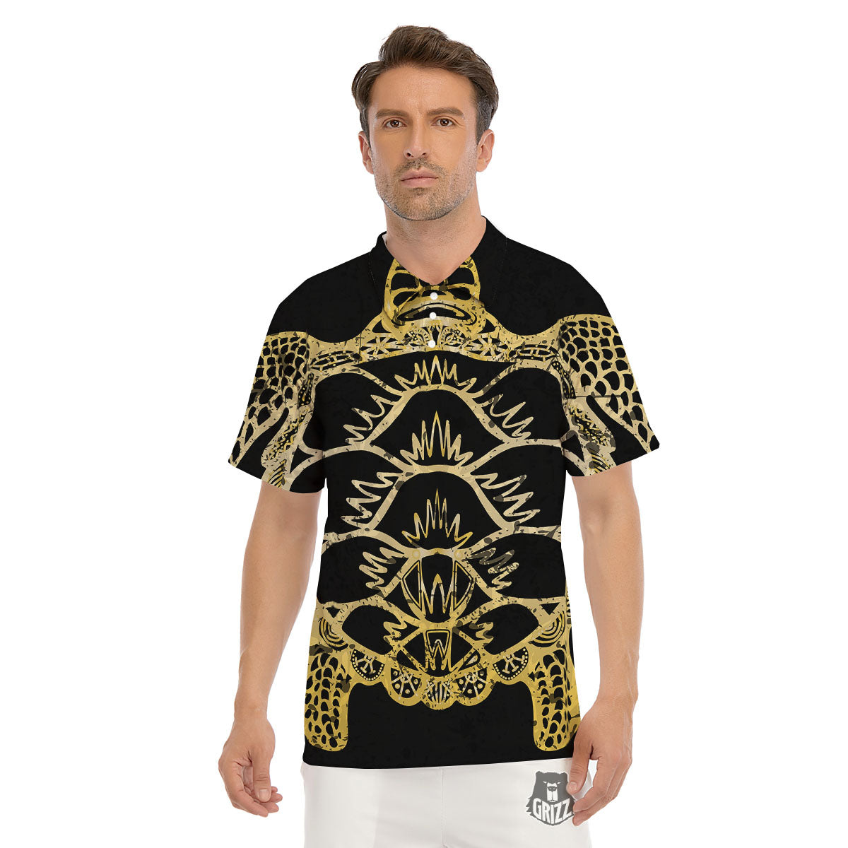 Sea Turtle Gold And Black Print Men's Golf Shirts-grizzshop