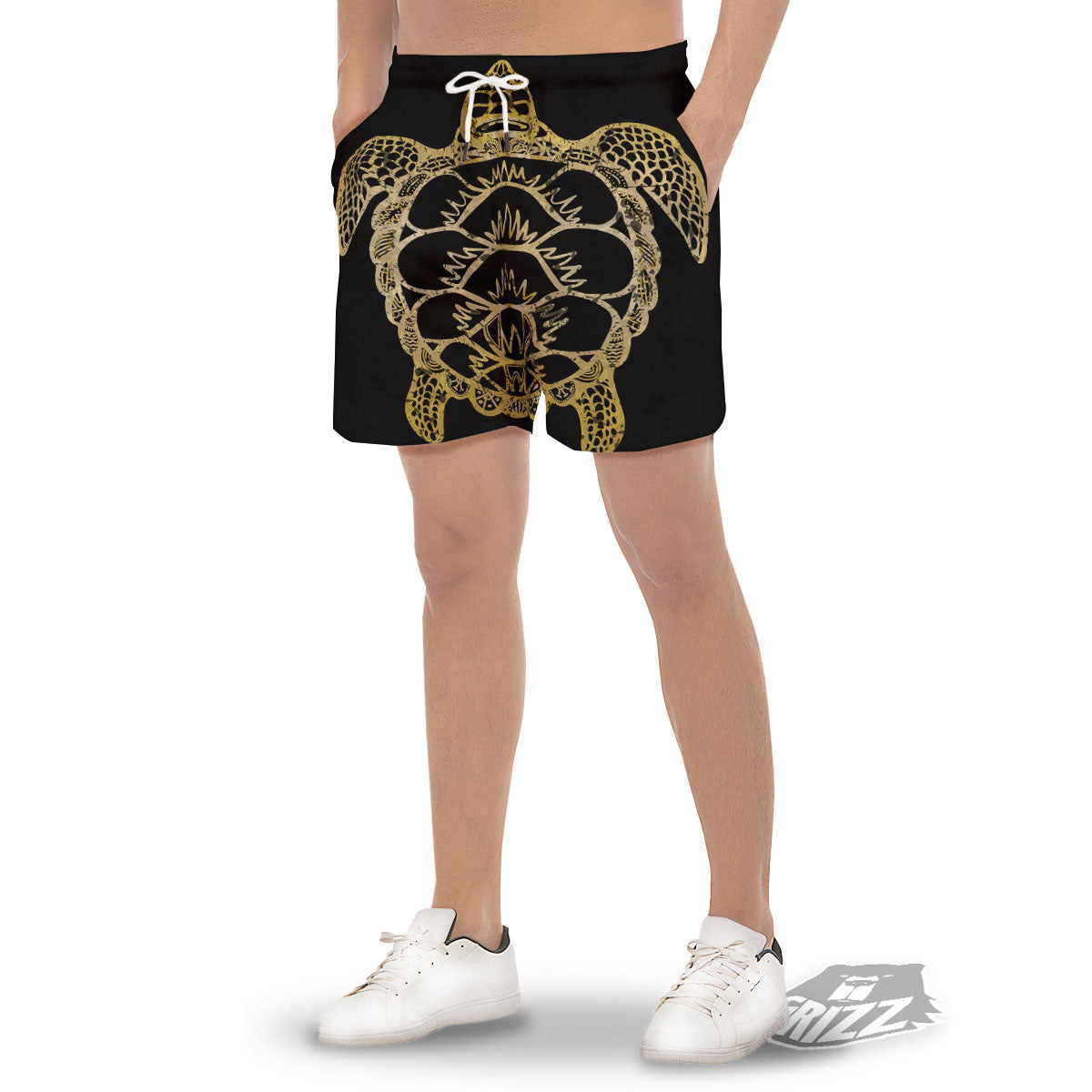 Sea Turtle Gold And Black Print Men's Gym Shorts-grizzshop