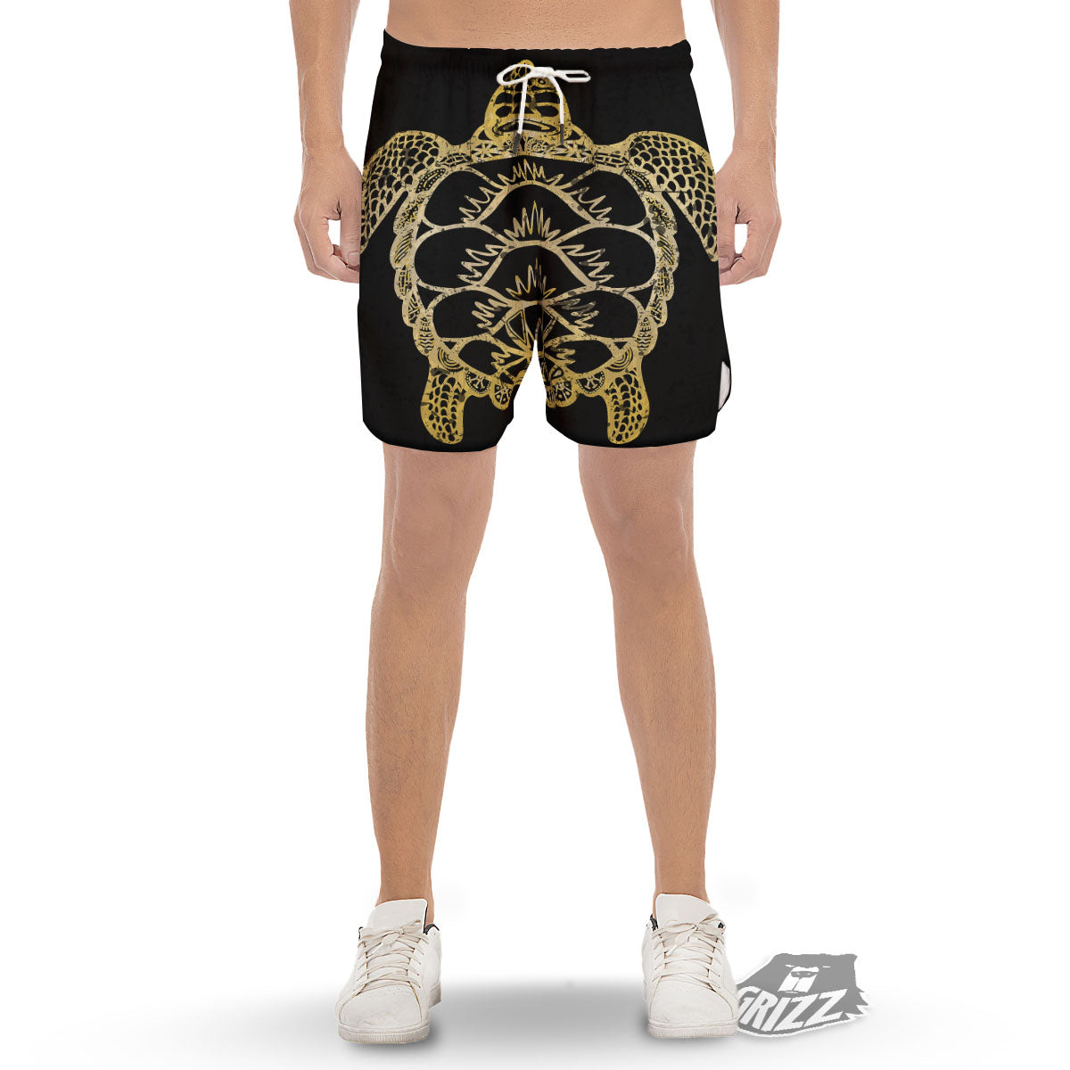 Sea Turtle Gold And Black Print Men's Gym Shorts-grizzshop