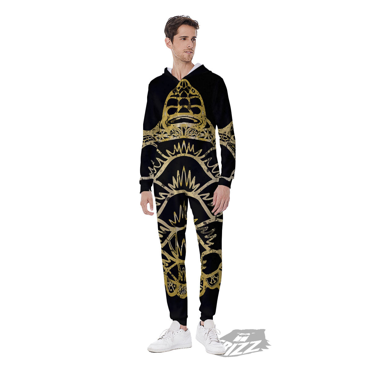 Sea Turtle Gold And Black Print Men's Jumpsuit-grizzshop