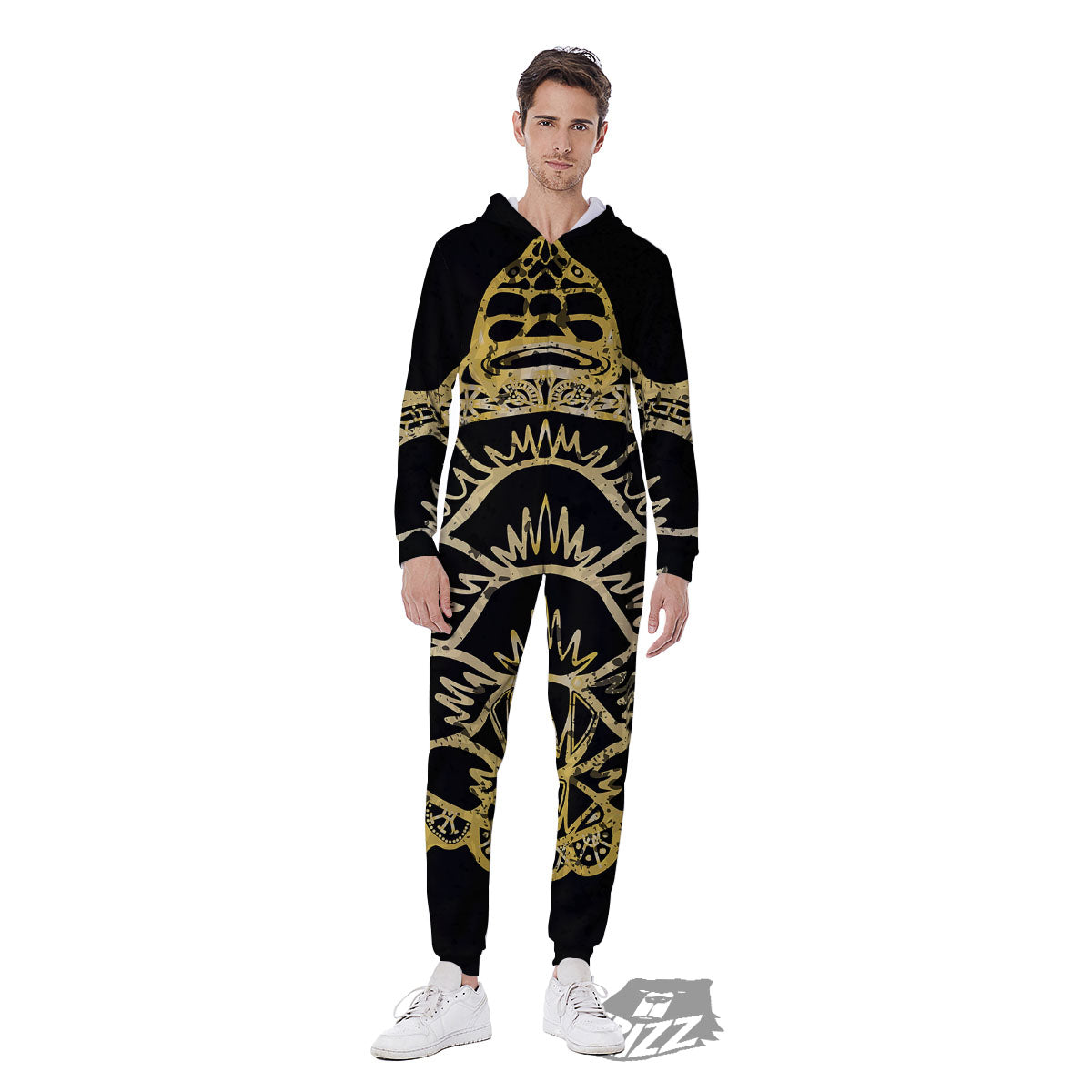Sea Turtle Gold And Black Print Men's Jumpsuit-grizzshop