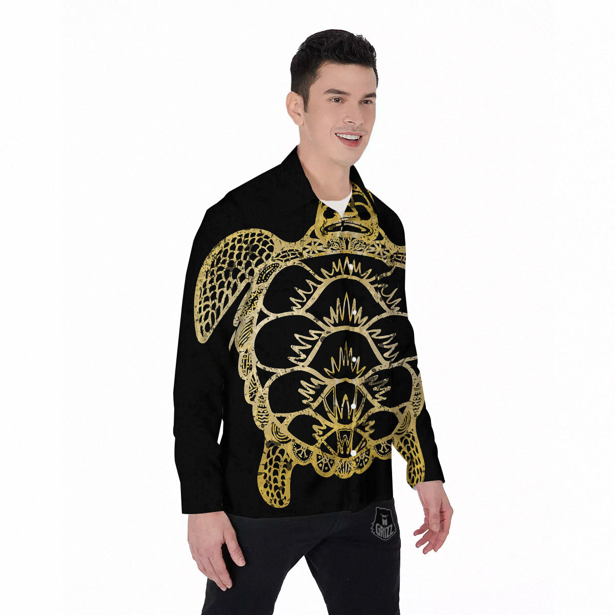 Sea Turtle Gold And Black Print Men's Long Sleeve Shirts-grizzshop