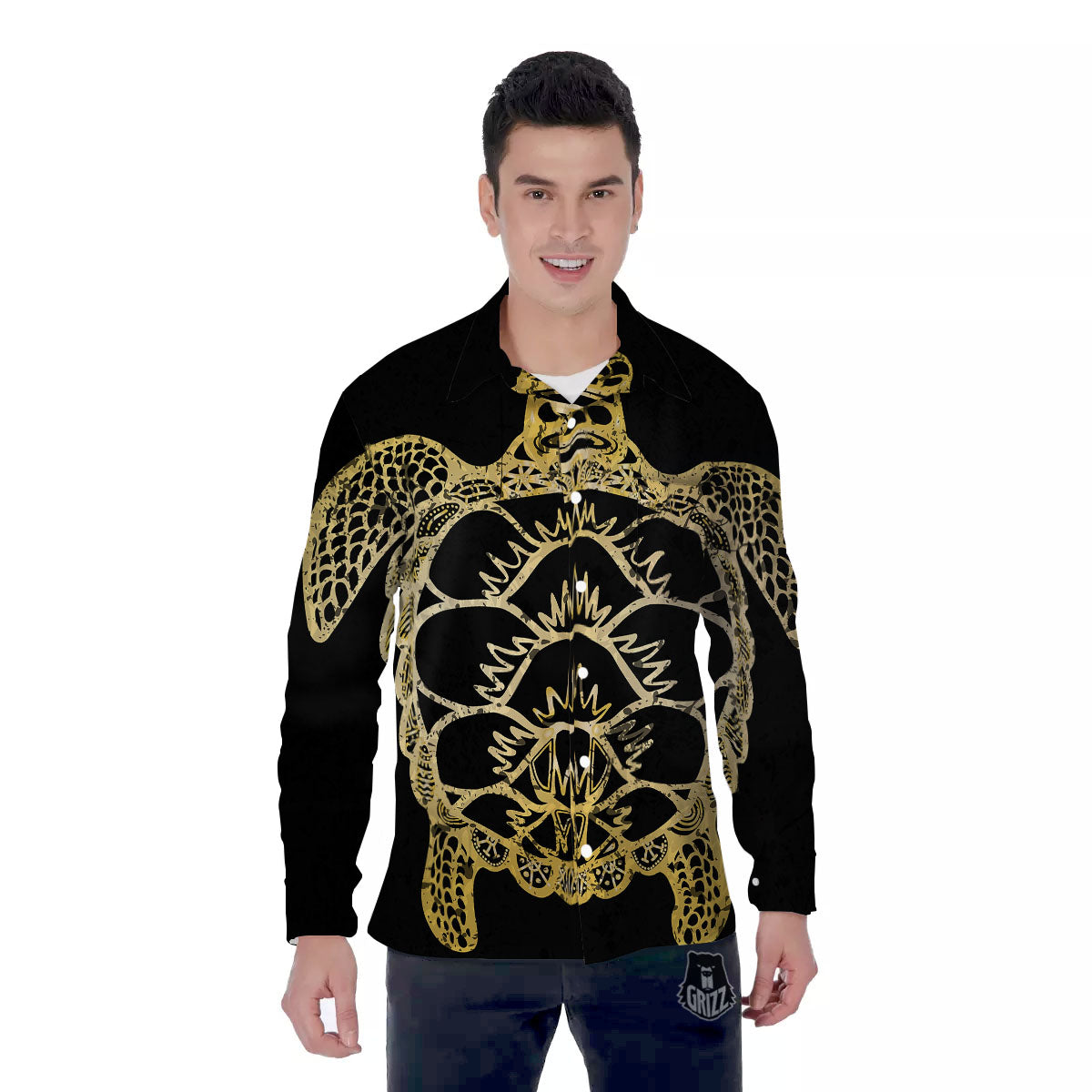 Sea Turtle Gold And Black Print Men's Long Sleeve Shirts-grizzshop