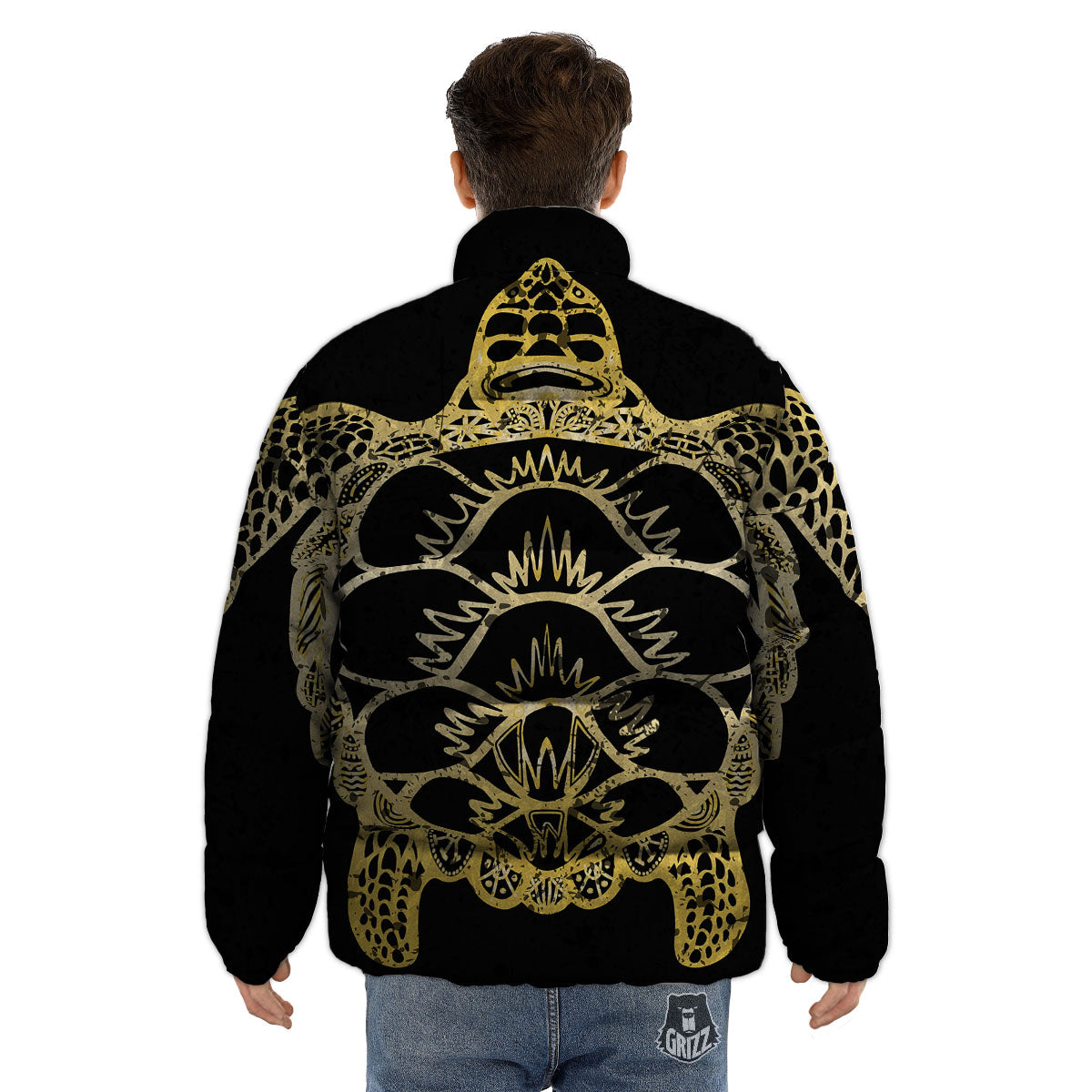Sea Turtle Gold And Black Print Puffer Jacket-grizzshop