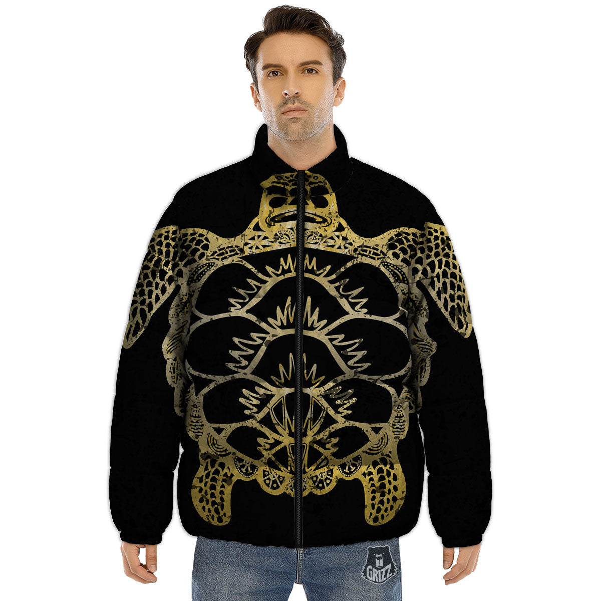 Sea Turtle Gold And Black Print Puffer Jacket-grizzshop