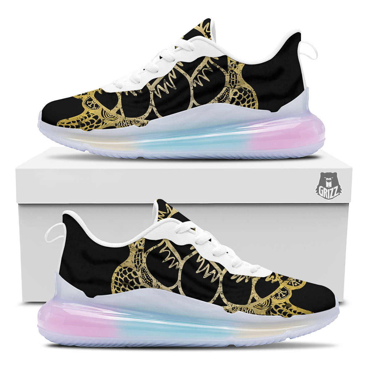 Sea Turtle Gold And Black Print Running Sneakers-grizzshop