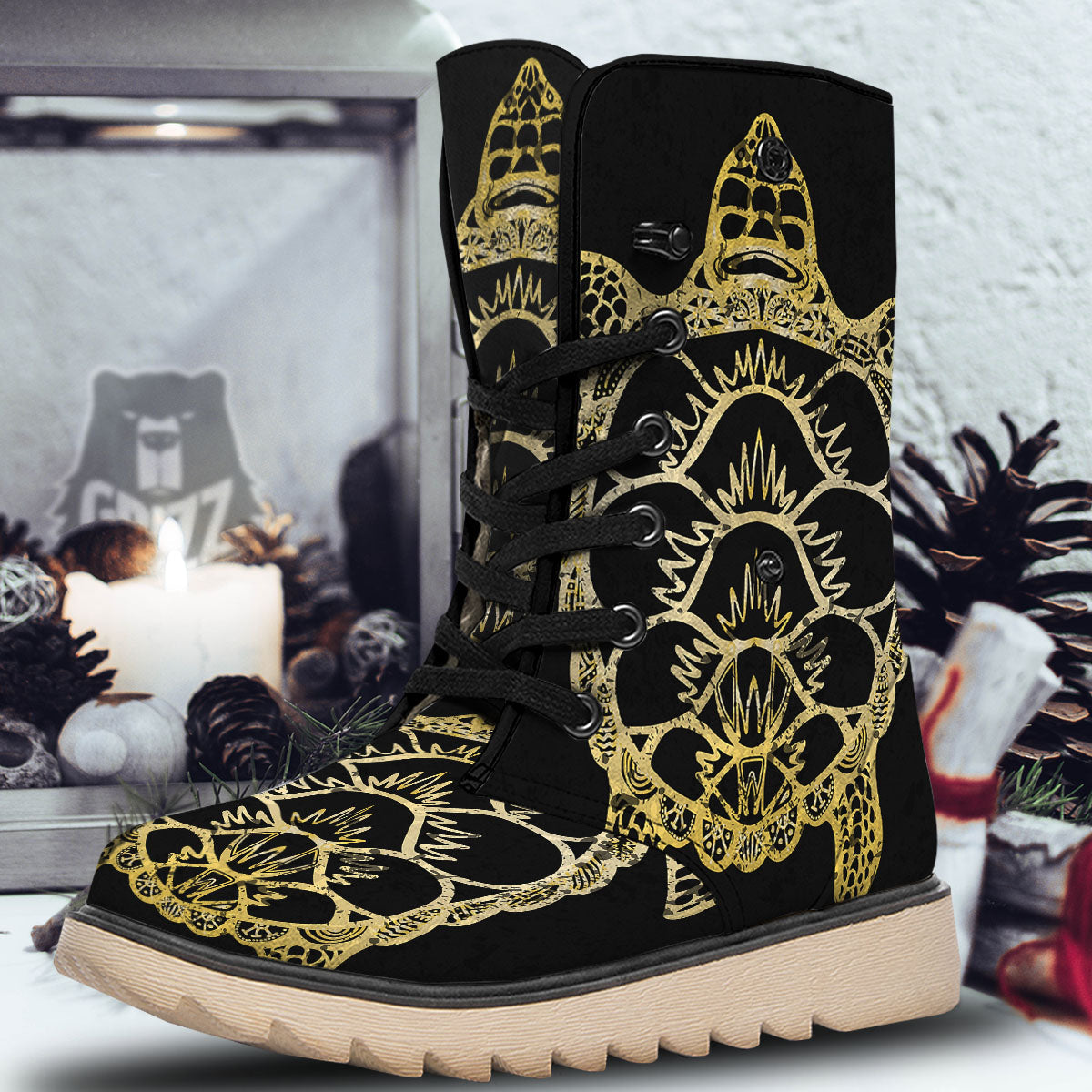 Sea Turtle Gold And Black Print Snow Boots-grizzshop