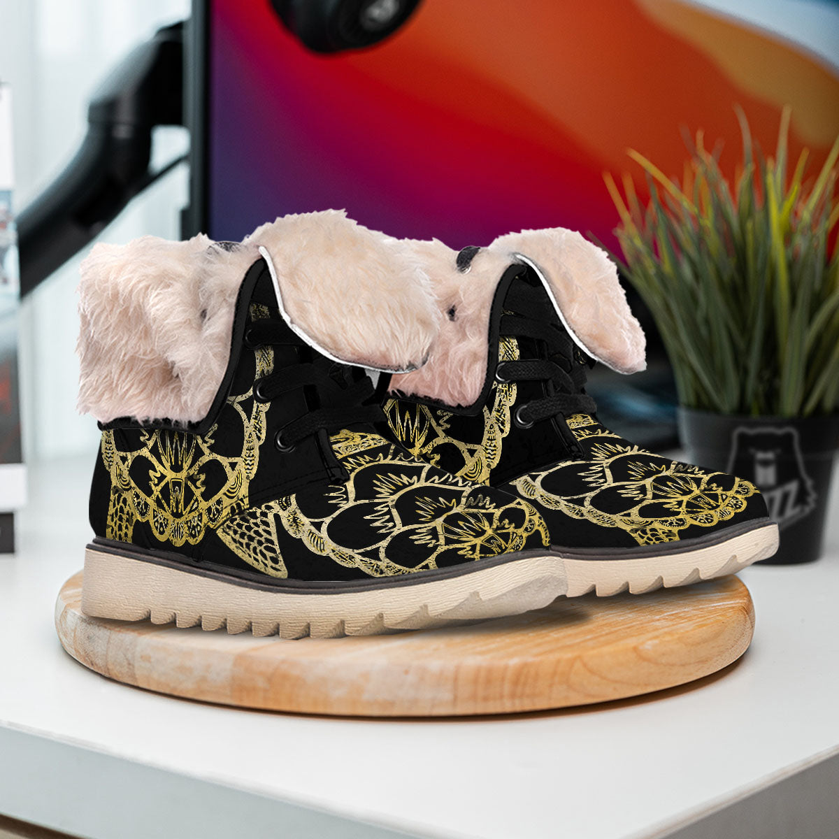 Sea Turtle Gold And Black Print Snow Boots-grizzshop