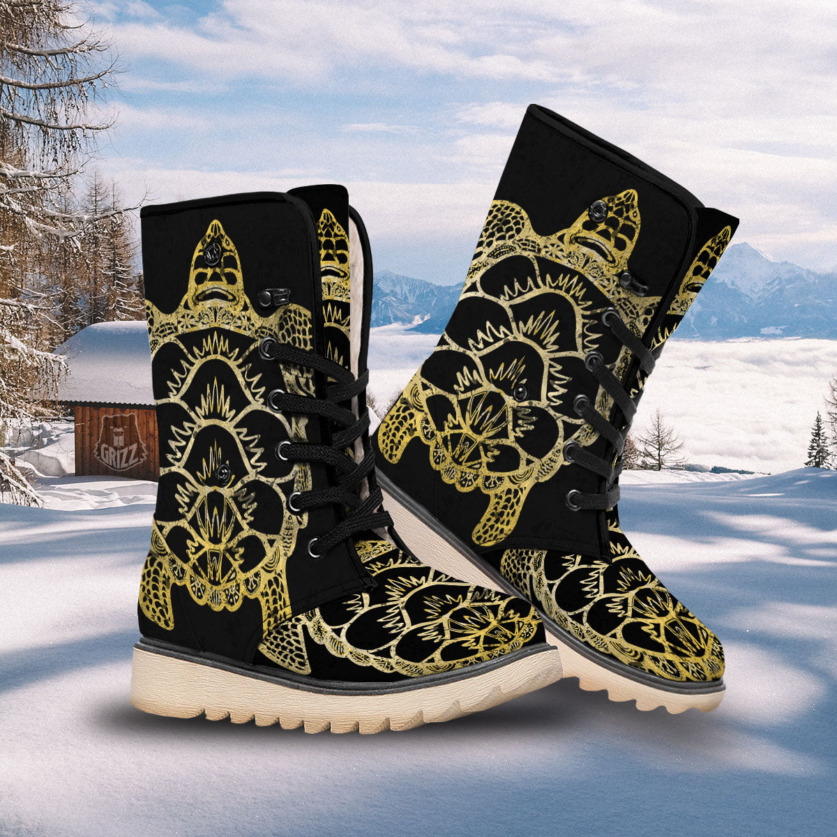 Sea Turtle Gold And Black Print Snow Boots-grizzshop