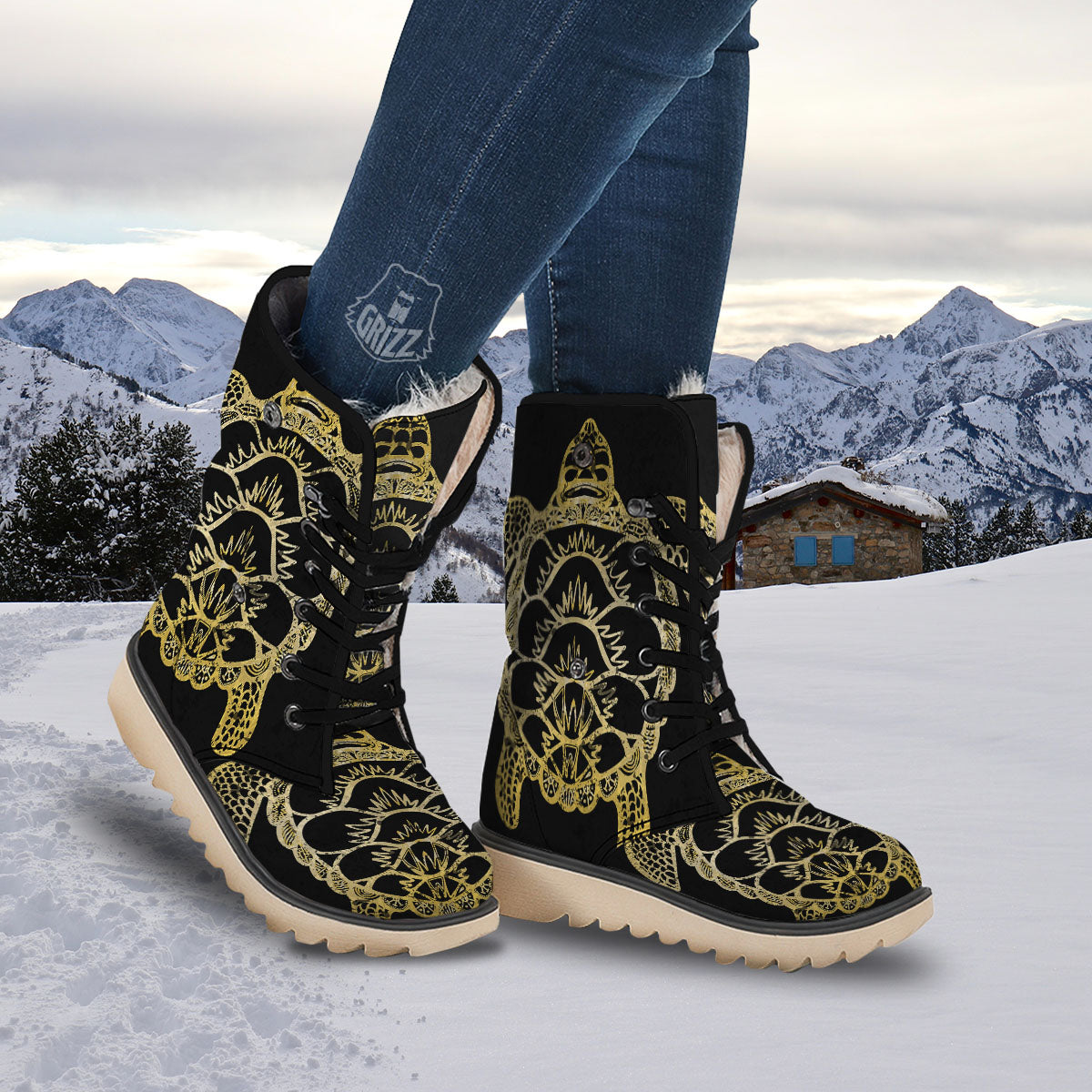 Sea Turtle Gold And Black Print Snow Boots-grizzshop