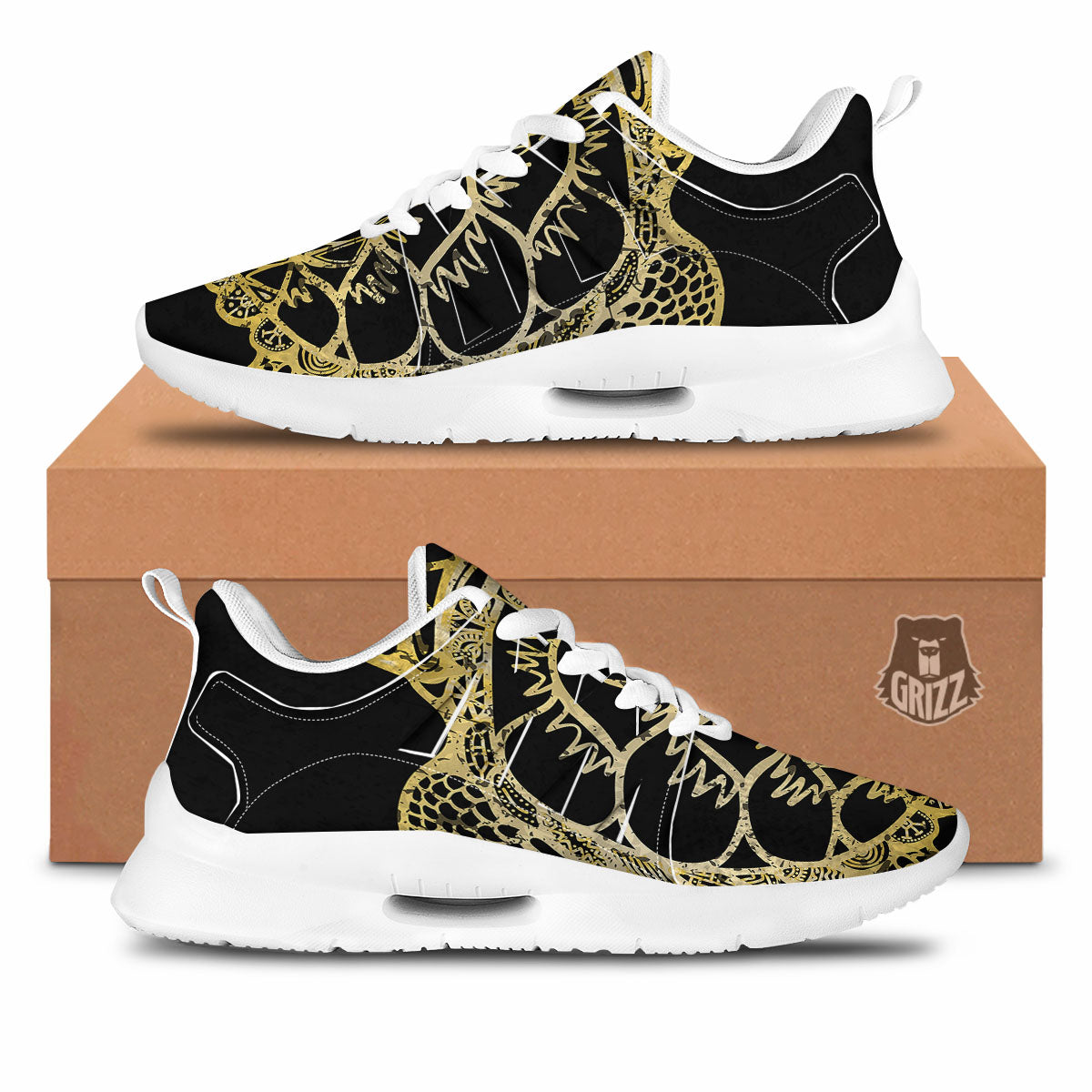 Sea Turtle Gold And Black Print Tennis Shoes-grizzshop