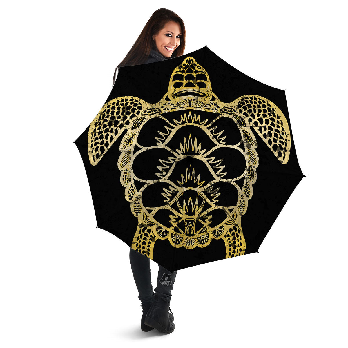 Sea Turtle Gold And Black Print Umbrella-grizzshop