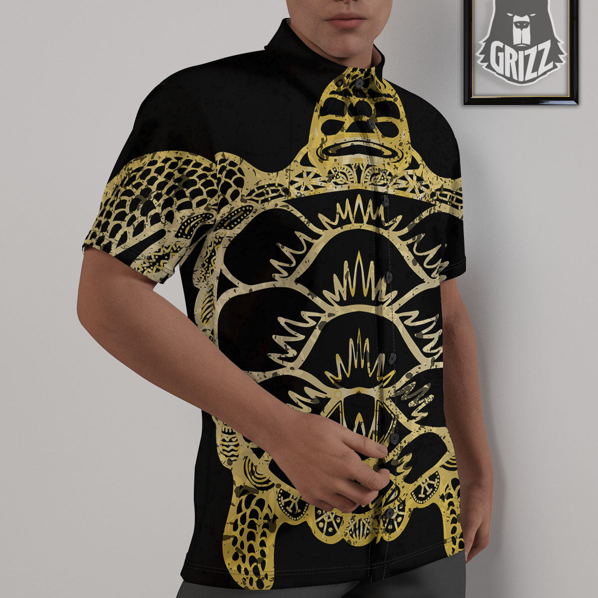Sea Turtle Gold And Black Print Untucked Shirts-grizzshop