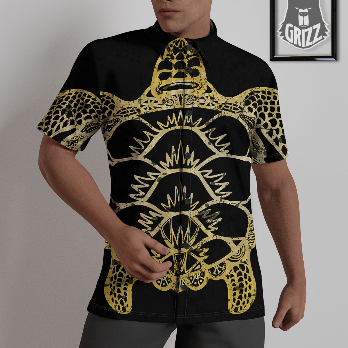 Sea Turtle Gold And Black Print Untucked Shirts-grizzshop