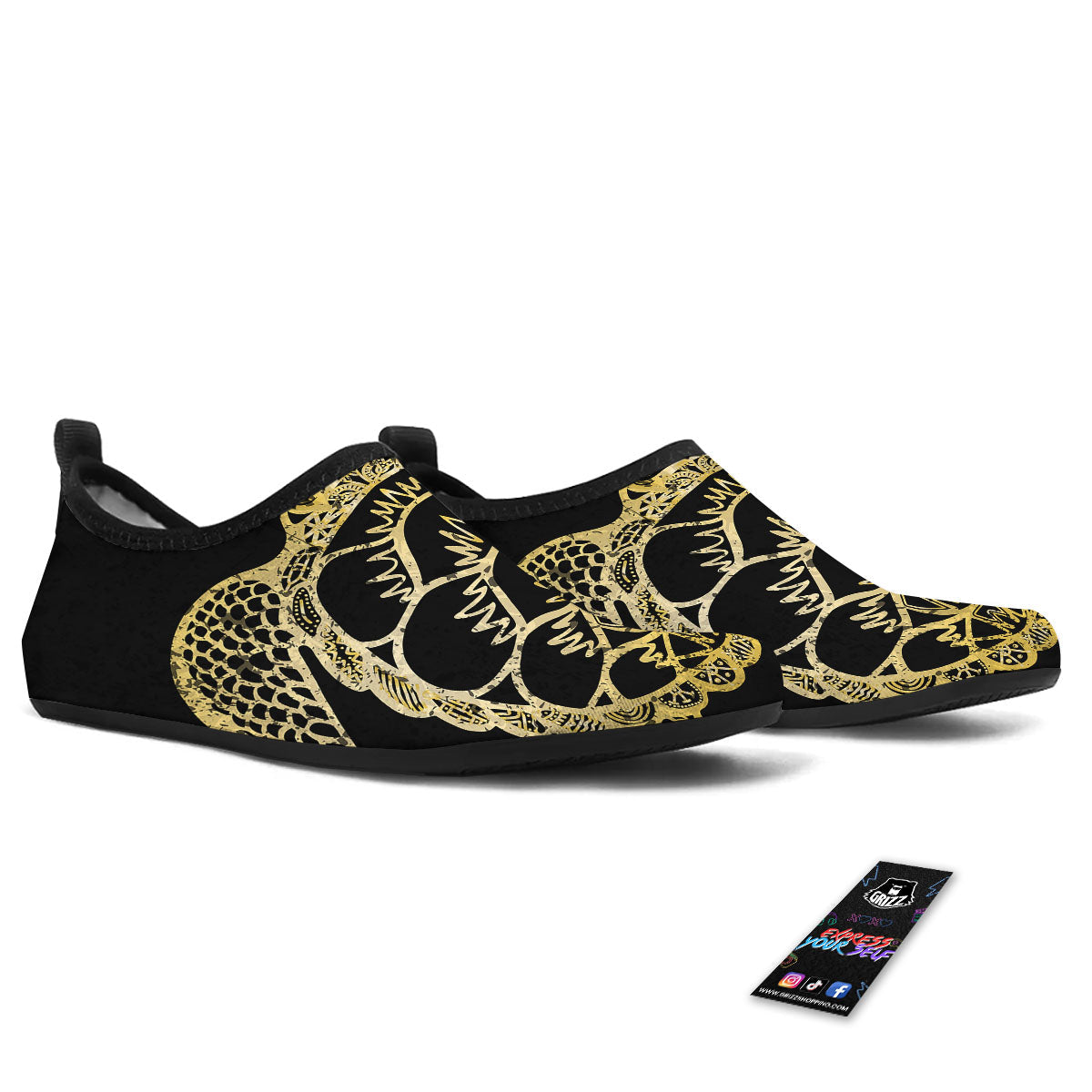 Sea Turtle Gold And Black Print Water Shoes-grizzshop