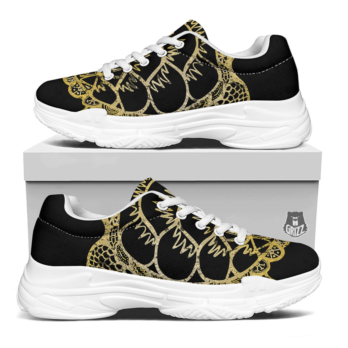 Sea Turtle Gold And Black Print White Chunky Shoes-grizzshop