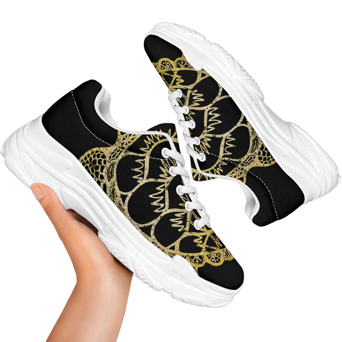 Sea Turtle Gold And Black Print White Chunky Shoes-grizzshop