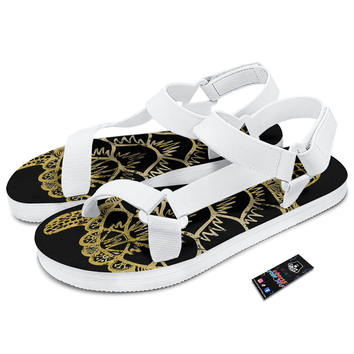 Sea Turtle Gold And Black Print White Open Toe Sandals-grizzshop