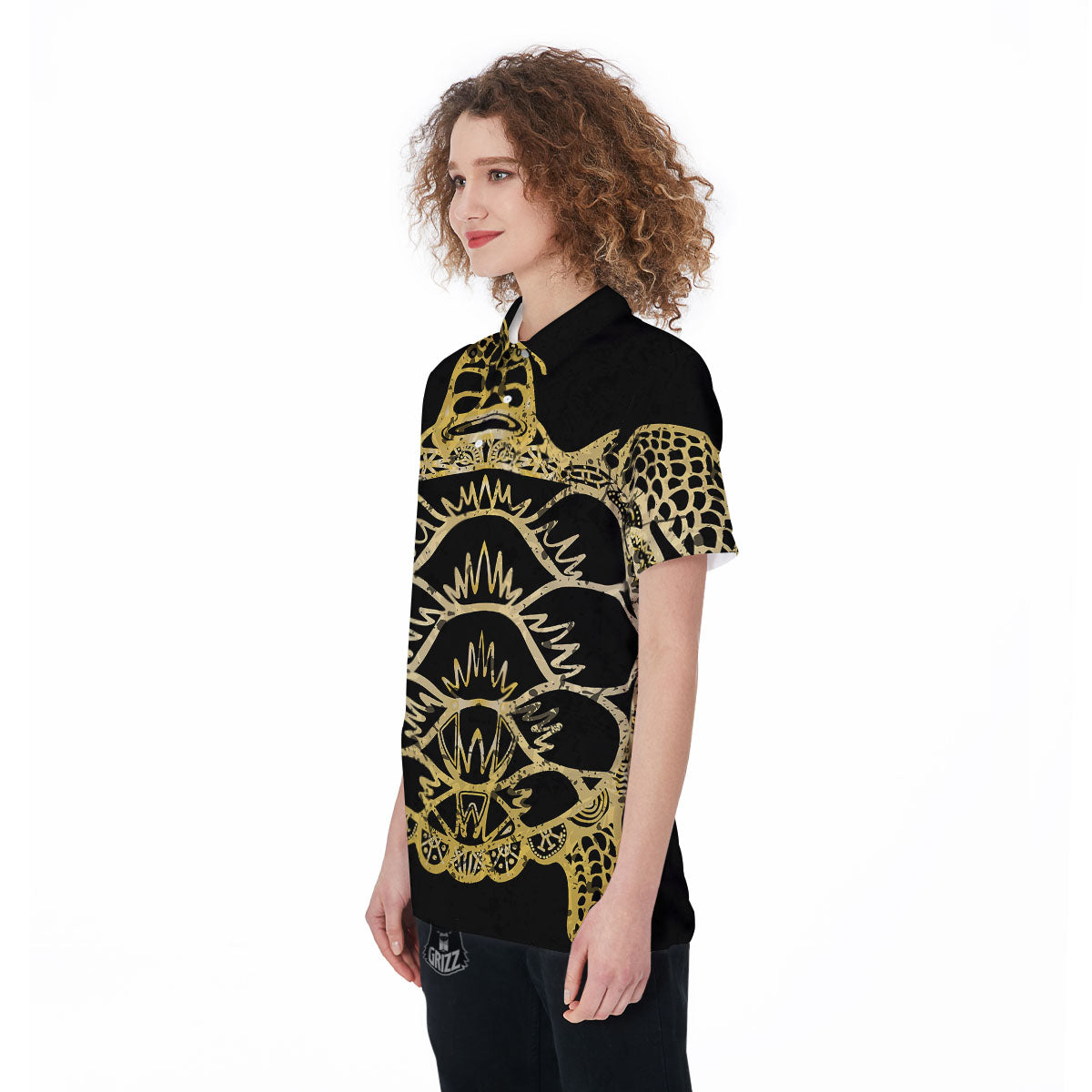 Sea Turtle Gold And Black Print Women's Golf Shirts-grizzshop
