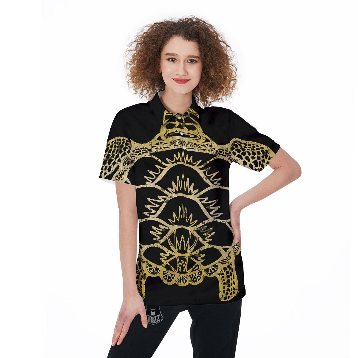 Sea Turtle Gold And Black Print Women's Golf Shirts-grizzshop