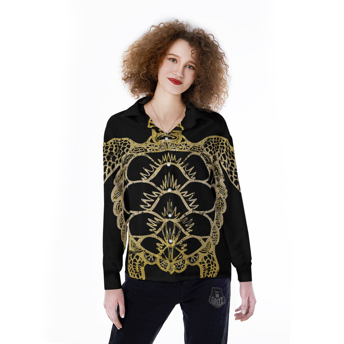 Sea Turtle Gold And Black Print Women's Long Sleeve Shirts-grizzshop