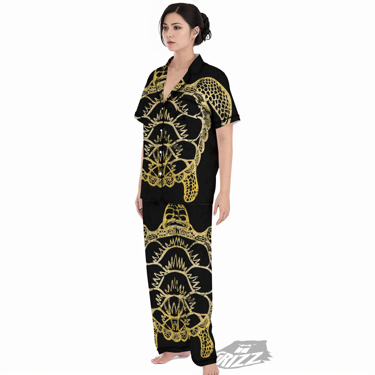 Sea Turtle Gold And Black Print Women's Pajamas Set-grizzshop