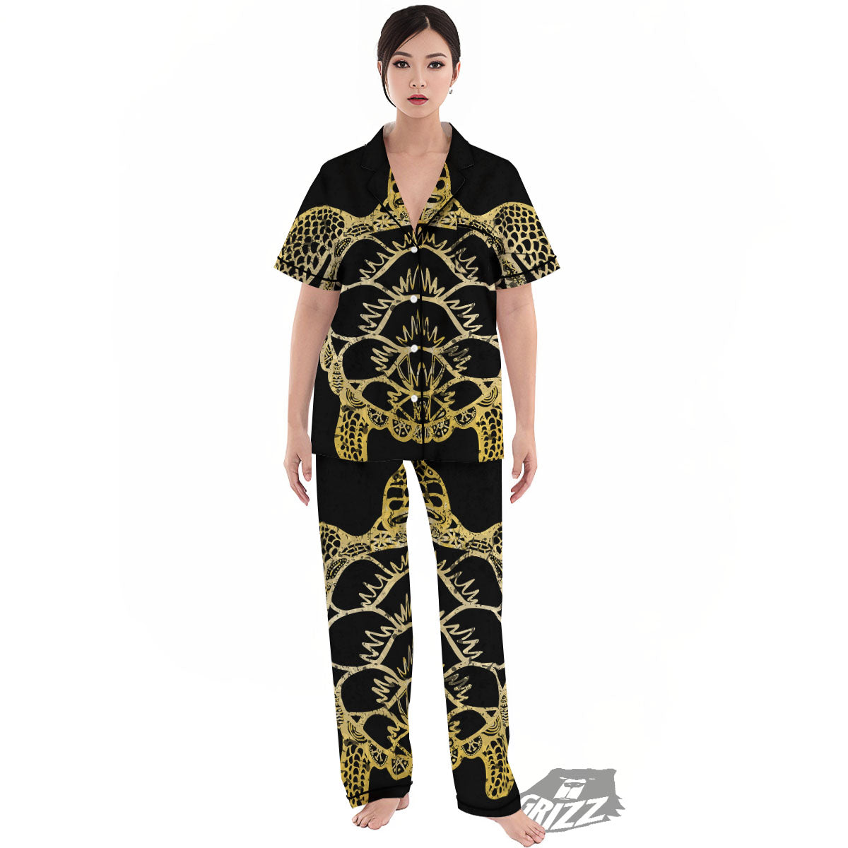 Sea Turtle Gold And Black Print Women's Pajamas Set-grizzshop