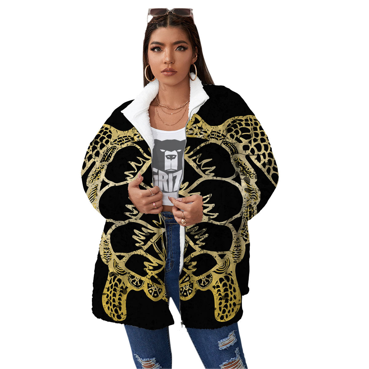 Sea Turtle Gold And Black Print Women's Sherpa Jacket-grizzshop